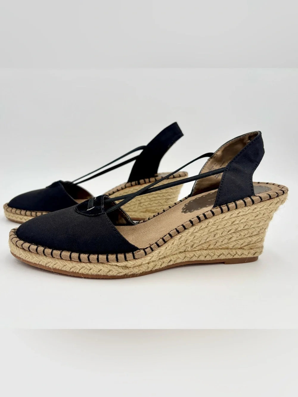Hush Puppies Soft Style Black Espadrille Wedge Sandals Size 9 Excellent